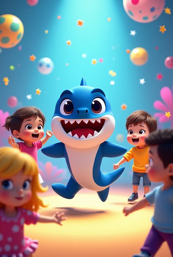Baby shark with animation kids cartoon with human kids playing