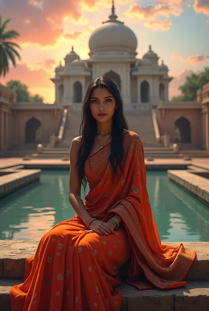 Beautiful Indian girl in saree looking stright infront sitting on temple ladder and in front of ladder there is a pond and the sky is colorful
Realistic