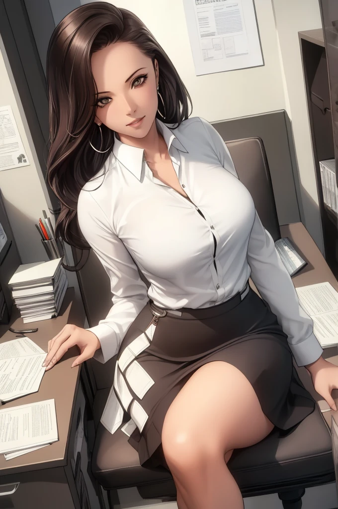 A woman sitting in an office, a white wall, A gray table, poster on wall, ))), ((best quality)), ((intricate details)), ((hyper-realistic)), Ridiculous resources, moro liberation front, mature woman, view, Very detailed, illustration, 1 girl, (()), perfect hands, Detailed fingers, Beautiful and delicate eyes, long hair, brown eyes, Name label, CEO, (Business attire:1.2), open office shirt, split, tight skirt, black collar, earrings, , Detailed background, bedroom, perfect eyes, eyes, looking at the audience, from the front