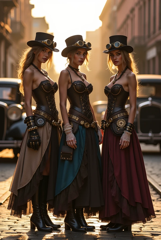 Retrato ultra realista de uma linda mulher de olhos azuis, cabelo preto ondulado, vestindo roupas steampunk sexy, naked, bare naked, tophat, Amsterdam, Capitol Holland, cartola de couro, goggles de ouro. A steampunk pistol in one hand, Front view, corpo inteiro, colete e saia de couro, master part, ultradetalhado, Vista noturna de uma cidade steampunk