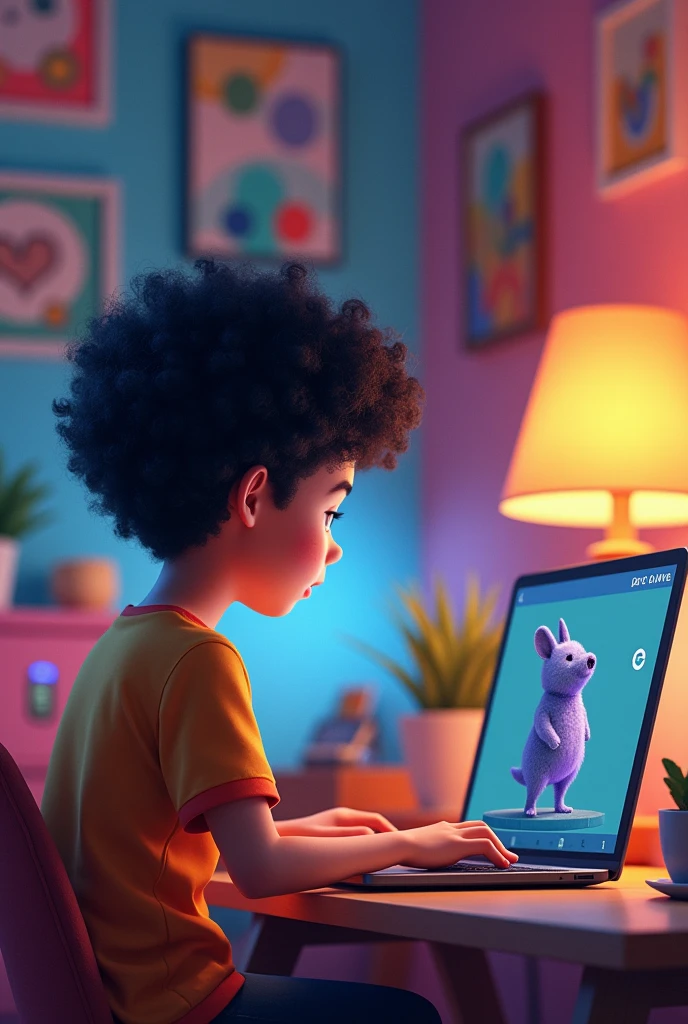A boy sitting on the chair, back side, curly black hairs, work online on a computer,in colourful half sleeve shirt,and a 3d model in right side of laptop.photo in 2d animation style.