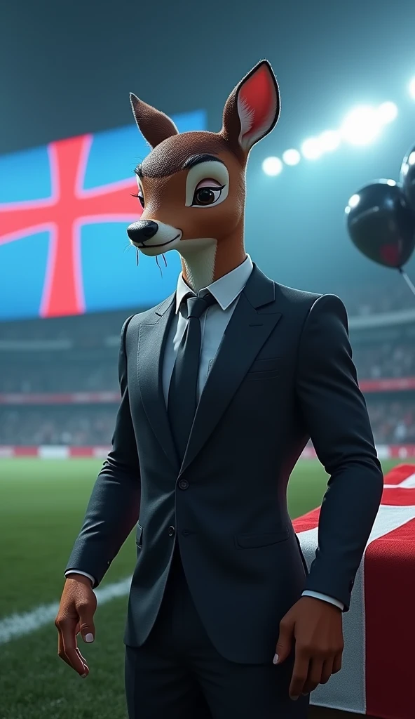 a muscular bambi, swollen chest, wearing a black suit, crying, sad expression, on the screen in the background a thick red Maltese cross, inside a soccer stadium, both are sad seeing a coffin with a flag over it highlighted in the colors blue, white, red, black balloons flying in the wind