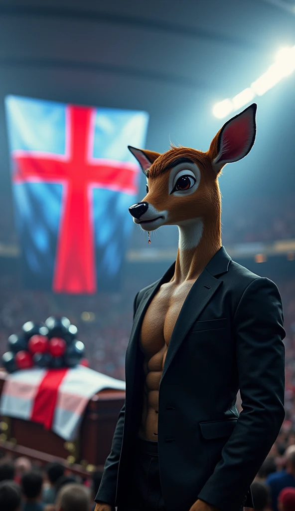 a muscular bambi, swollen chest, wearing a black suit, crying, sad expression, on the screen in the background a thick red Maltese cross, inside a soccer stadium, both are sad seeing a coffin with a flag over it highlighted in the colors blue, white, red, black balloons flying in the wind