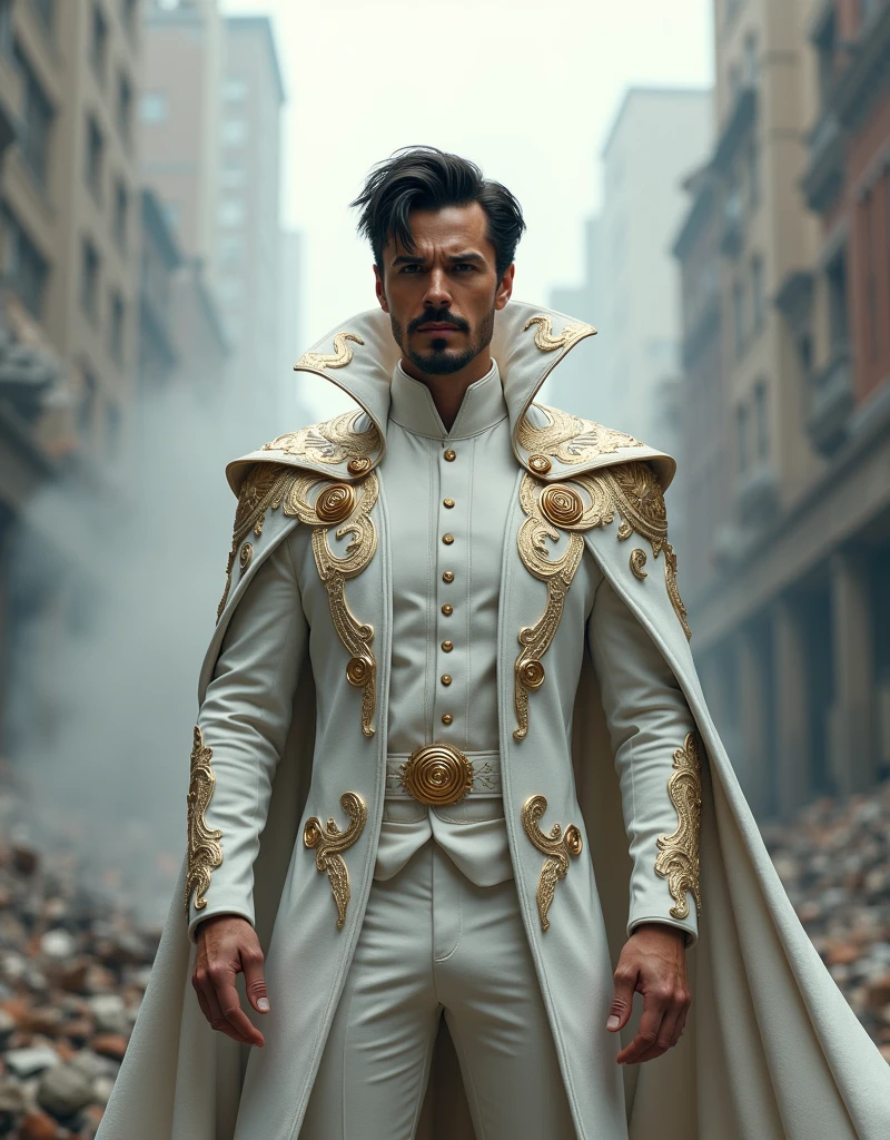 1. Generate a 3D render of a doctor stephen strange superhero dressed in a pristine white suit adorned with ornate, gothic-style reliefs made of gold and marble. The superhero stands close up shot confidently in the middle of a city street, surrounded by the smoky aftermath of a demolished cityscape. The scene is illuminated by scattered beams of light.