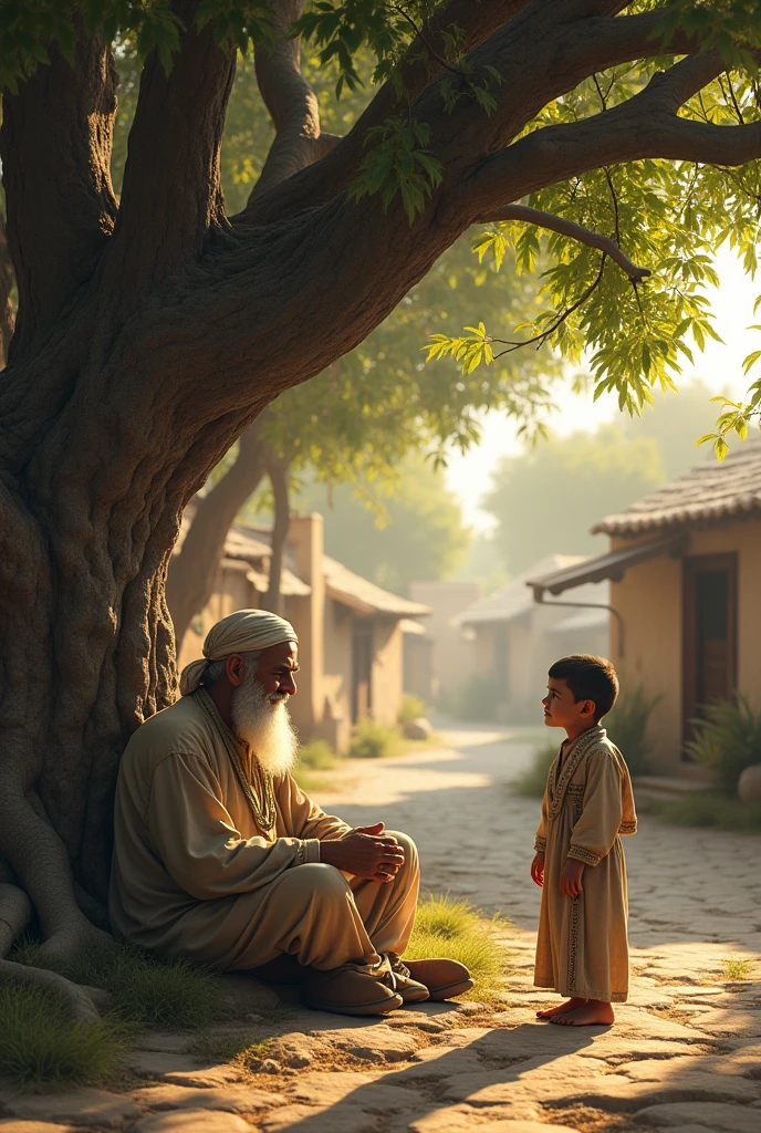 a village scene with an elder man sitting under a tree, advising a young boy in traditional middle eastern clothing, highly detailed portrait, intricate details, dramatic lighting, warm color palette, photorealistic, 8k, masterpiece