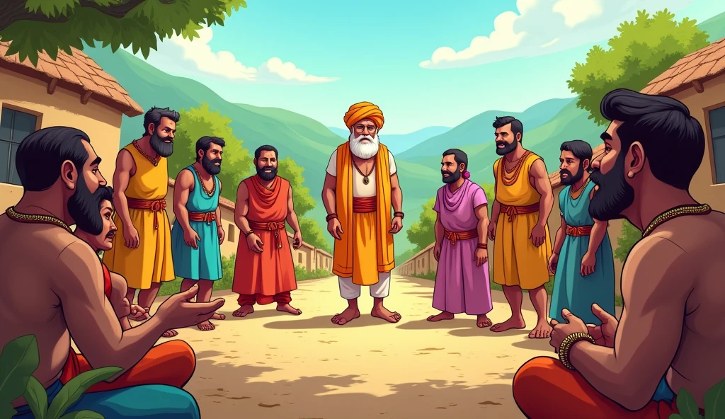 Create an cartoon image of a village sarpanch and village people there were panchayat meeting going on in village
