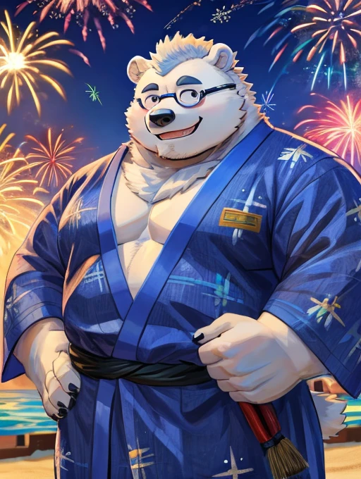 (8k),(masterpiece:1.2),((plump:1.4)),fireworks in the night sky,glasses,yukata,polar bear,Beastman,mohawk,hairy,smile,details,black,Blue,white,chubby cheeks,(small eyes:1.1),beach with a long pier