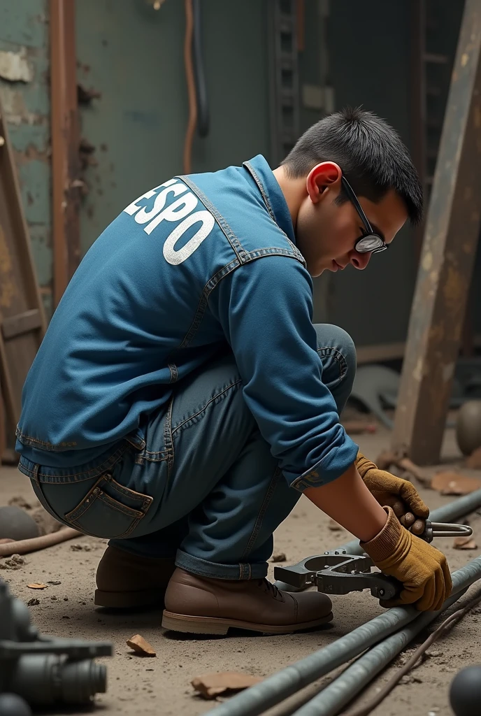 I NEED TO RECREATE AN IMAGE OF A WHITE WORKER, SHORT WITH SAFETY GLASSES,hull,gloves. THAT HAS A BLUE JEANS SHIRT THAT ON THE BACK SAYS ESPO THAT IS CROUCHED CUTTING ROD