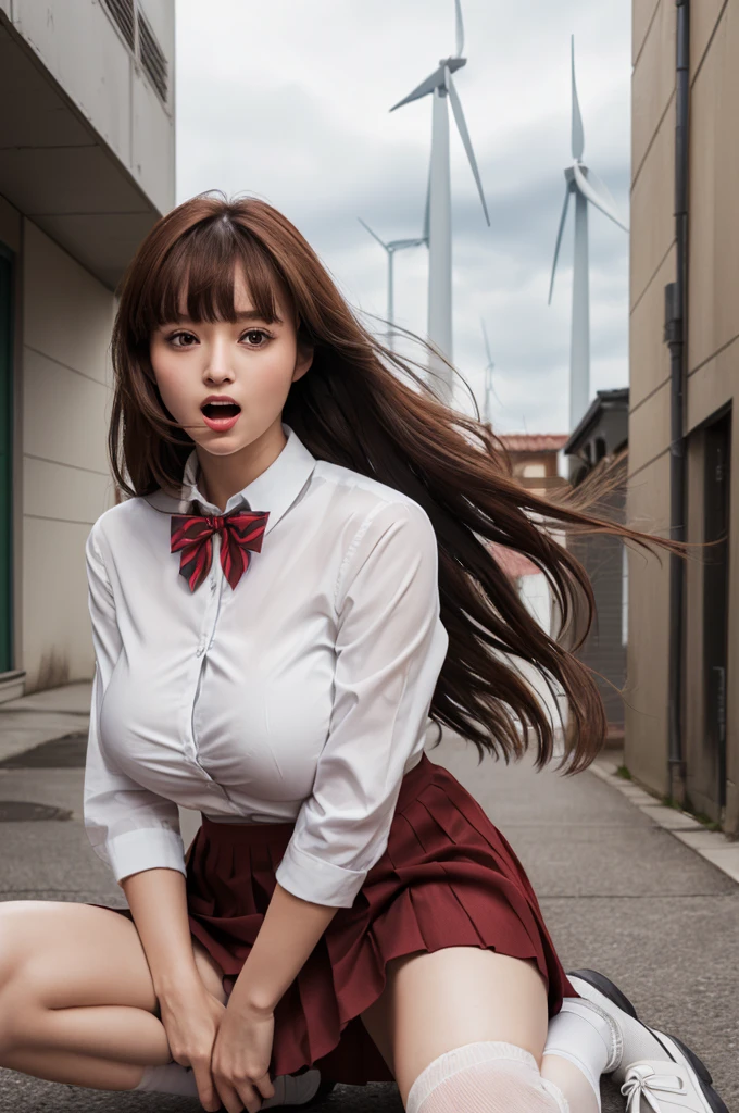(masterpiece:1.2, Highest quality), (Realistic, photoRealistic:1.4), Beautiful illustrations, (Natural Side Lighting, Cinema Lighting),
View your audience, Upper Body, 1 girl, Japanese, high school girl, , Perfect Face, Cute and symmetrical face, Glowing Skin, Plump Style、(('Skirt blown away by the wind)))、
(Long Hair, Straight hair, Reddish brown hair), Asymmetrical bangs, Brown eyes, Long eyelashes, (Large Breasts),
Beautiful Hair, Beautiful Face, Beautiful details, Beautiful clavicle, Beautiful body, Beautiful breasts, Beautiful thighs, Beautiful legs, Beautiful fingers,
((Detailed garment texture、White collared shirt, Grey box pleated mini skirt、White socks、White panties、Brown Loafers), Dark red bow tie), (((Grab the hem of the skirt、Wind power increase)))、Hunchback、
(Beautiful views), evening, (street), (surprised、Open your mouth、Embarrassing),