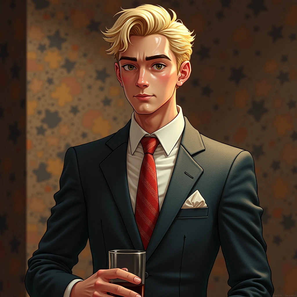 Handsome young male Blonde whole body suit アルコール
suitを着ろ Drunk Alcoholics Stop with the double chin a little haggard Sickly Drunk Get drunk Red cheeks