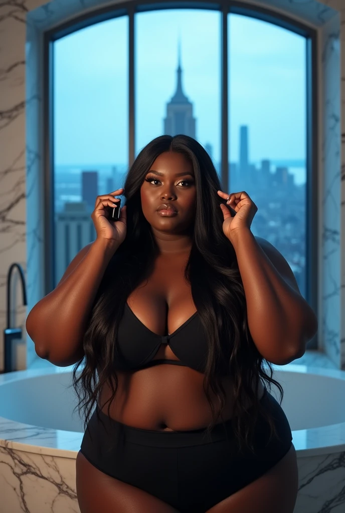 A 4 black African lady, older, formally dressed but sensual and with a beautiful body, a little chubby, in the bedroom, taking a picture in the mirror with your cell phone in your hand , wearing a plain black dress