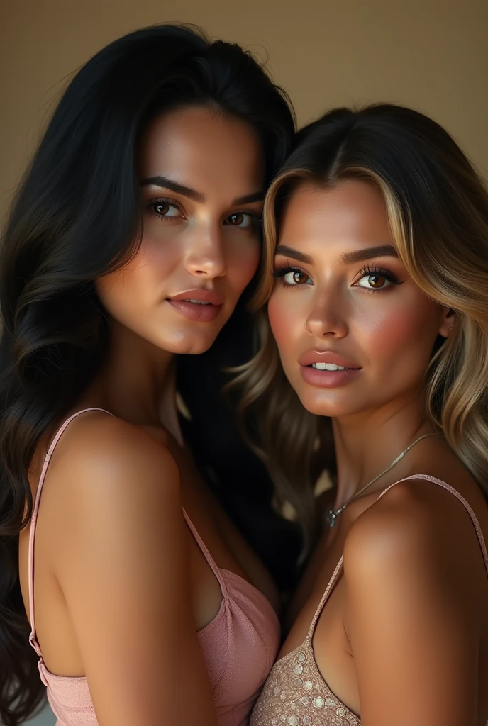 A beautiful Instagram model, long black hair, with her friend, light brown hair , wearing a beautiful outfit , full body view, ((big boobs)), (hourglass figure), (white girl), detailed face, beautiful eyes, luscious lips, cinematic lighting, photorealistic, highres, 8k, (best quality:1.2), (realistic:1.37) , (full body view), big boobs