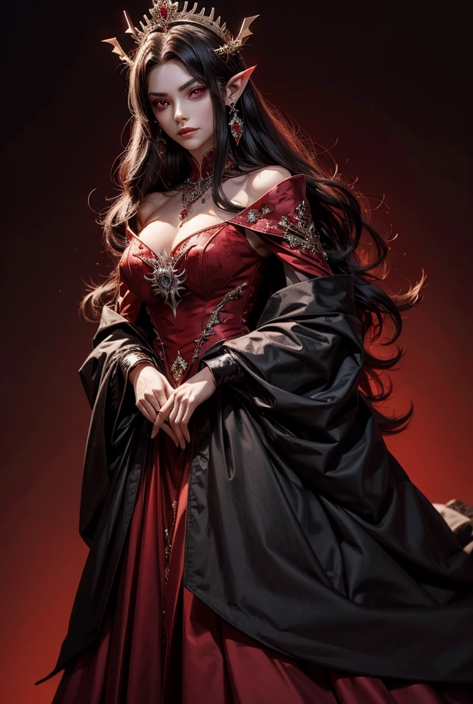 High Resolution, Long Hair, Simple background, Red Eyes, Pointy Ears,Best Quality, Masterpiece, Anatomically Correct, Super Detailed, Earrings, Red Eyes, Jewelry, Hair Ornament, Crown, Tiara, Illustration, Anime, Anime Style, Vampire, Elegant, Elegant clothing, Fancy clothes, Fancy, Royal, Royal clothes, Black clothes, Gothic clothes, crown, elegant hair, elegant makeup, Serious, hide hands, headshot