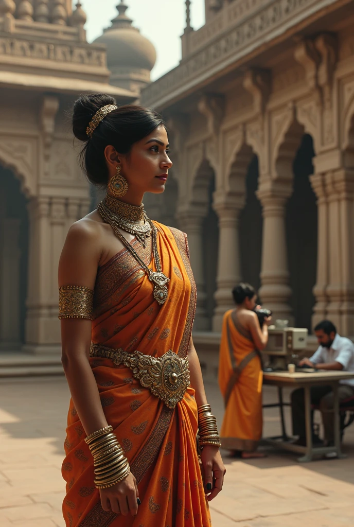 Generate image based on topic -ancient technological india that is a photographer is taking picture of a queen  outside of a temple with a past version of camera and few people are working in old type computer in the back of queen. She is wearing an old technical watch 
