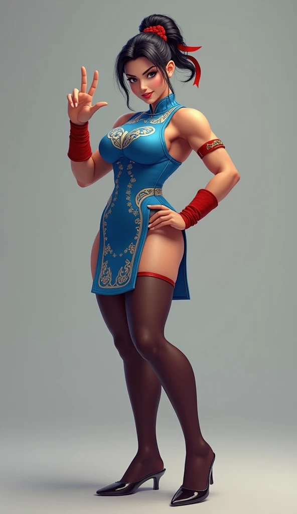Show entire body, feet in view, Chun-li, blue classic chin-li outfit with dark brown pantyhose, making a peace sign with her hand