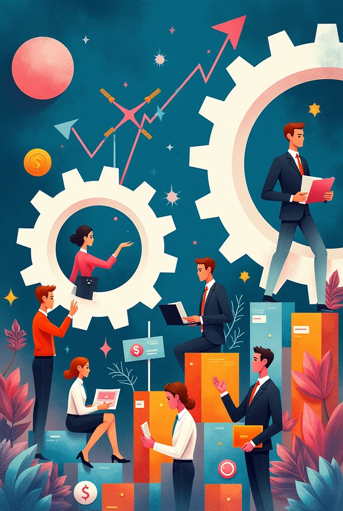 Create a three-dimensional gear Circles and squares, currencies, graph lines and many images of businessmen and businesswomen. Using watercolor and mixed media, bright colors are used. The light source is in the upper right corner. There are large white gears. The background is blue. --ar 2:3