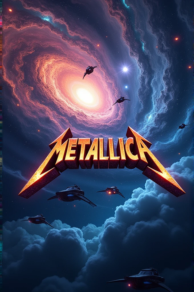 Logo of a galaxy with alien ships and in the middle of the galaxy the name of Chris Castillo with 3D Metallica letters