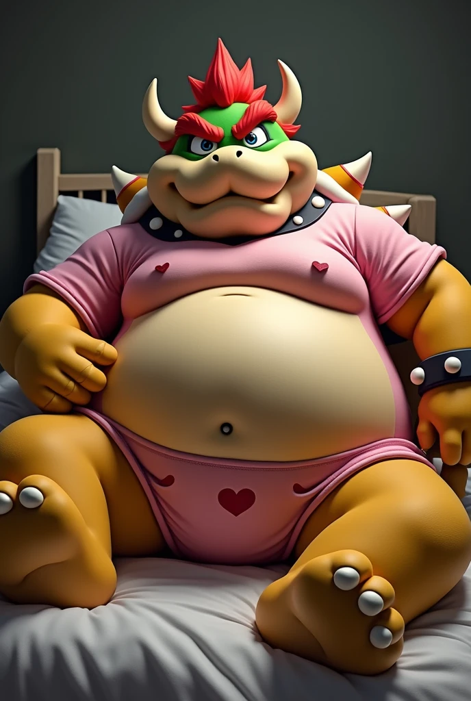 Bowser from Super Mario, Extremely obese, chubby, embarrassed, huge round belly, big moobs, heart underpants, pink tight short sleeves t-shirt, laying on a bed, one hand on the belly