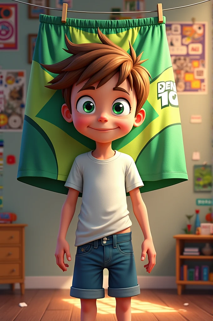 Create an image of a boy wearing Ben 10 underwear hanging on the wall. 