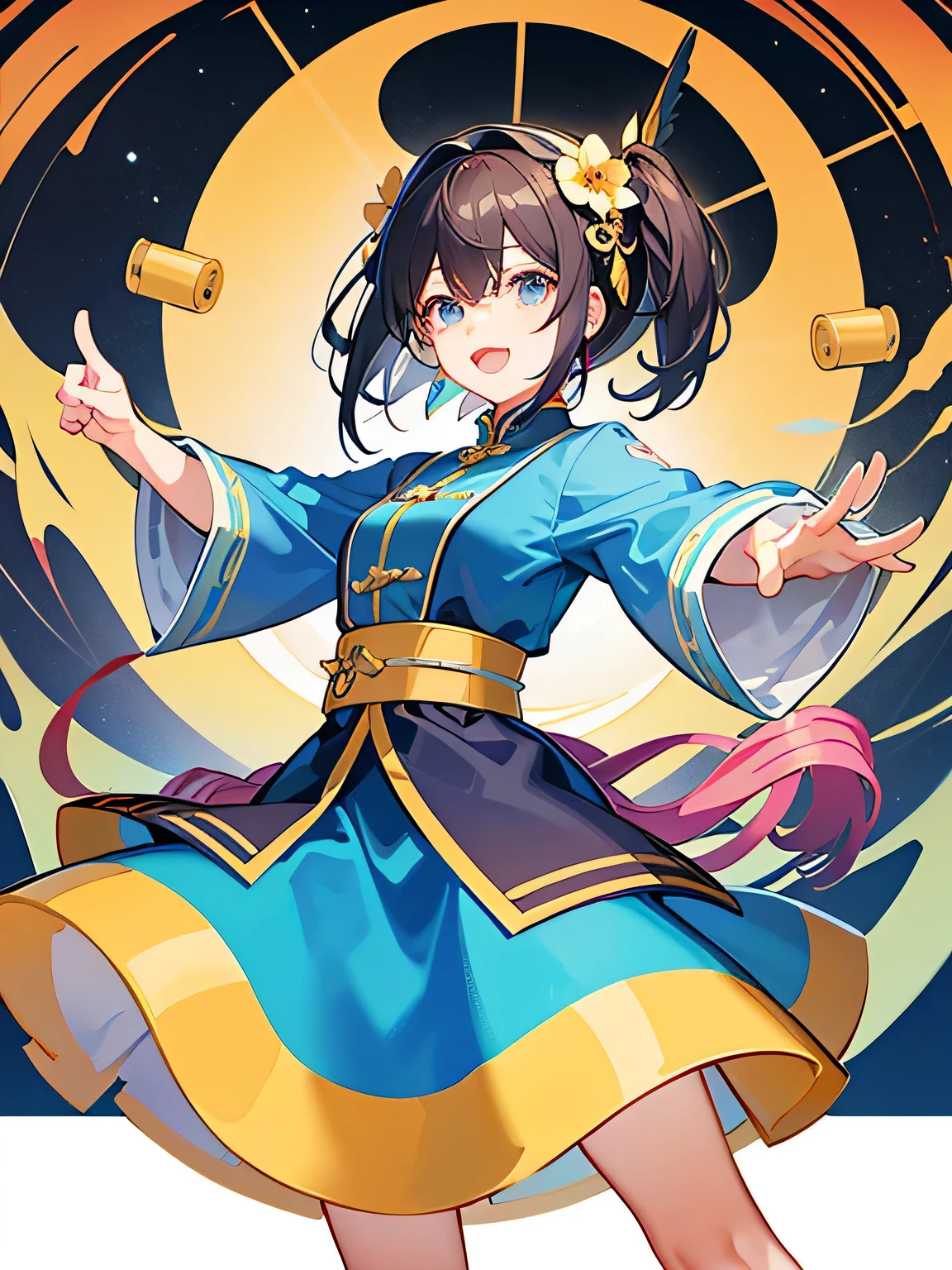 official art，Unity 8K wallpaper，Very detailed，Beauty and aesthetics，masterpiece，Best of quality，(masterpiece，best of quality，Super detail，A painting)，Illuminate，Fine detail，(Illustration poster)。1 girl，Delicate skin，(Whole body love:1.2)，Waist drum，drum，big eyes，Fly in the air，Dynamic poses，Tape，Open a&#39;of the eyes，Beauty of Lights，The body is meticulous，The detail are complicated，detail，of，The light is very soft，Delicate beauty of brilliance，Deep Shadows，Natural and soft lighting，Dunhuang culture，Performance Music，Flying of the sky，Flutter of Silk，Mottled of background