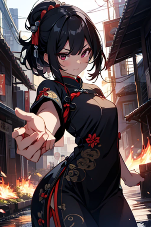 high resolution, turn to face the front, black hair, qipao, tiny breasts, handle fire, Dynamic Pose