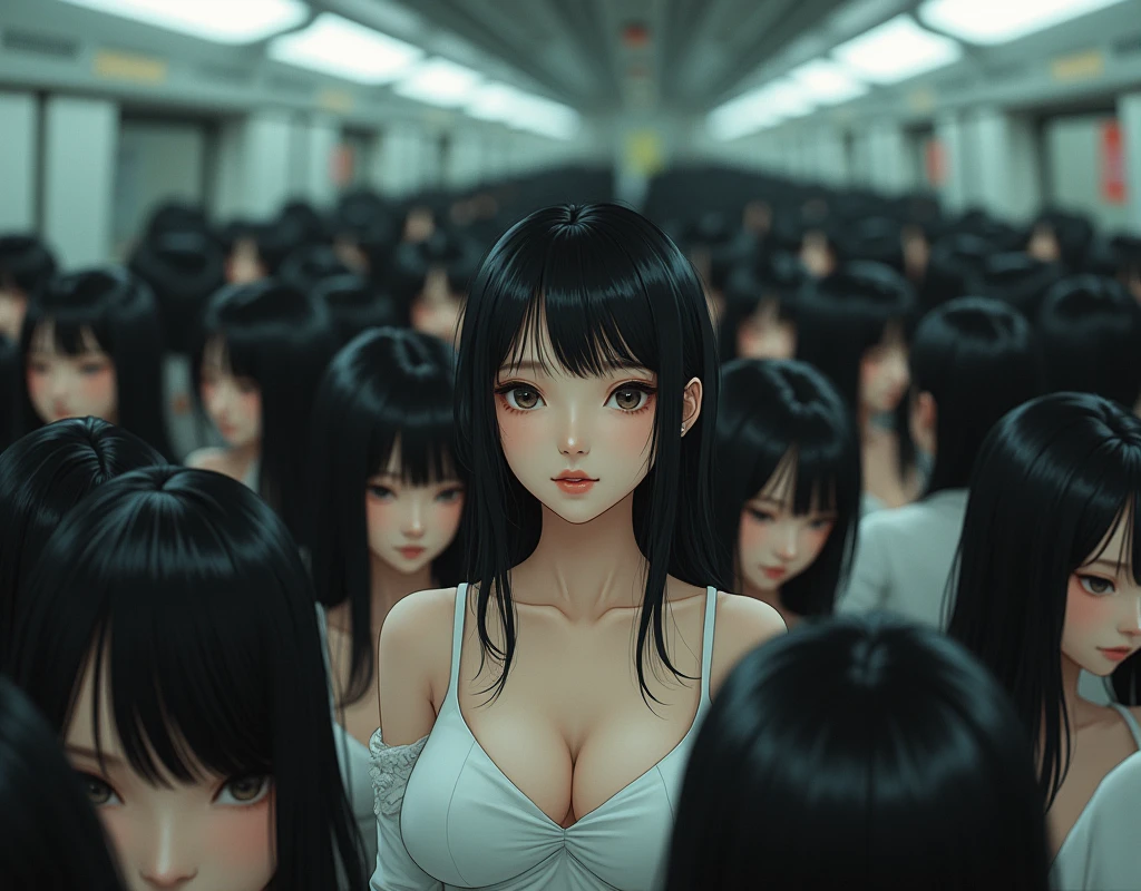 (Japanese Clone-girls=Myself), (Super Best masterpiece Clone-girls Raw Photography Art), (16K, Highest quality, Ultra-high resolution, RAW Photos), (It&#39;s so unrealistic., With unparalleled depiction, With an unfathomable sight, An unprecedented and shocking worldview, Clone-girls: In a world of mass reproduction, Ultra-realistic depiction), (Japanese Girls, Hamabe-Minami, 18yo), (Small face, Thick black hair, long hair, Dark Eyes, Mature face, Cute Smile, Smiling face, A gentle gaze), (Very pleasant look), (Very beautiful and detailed girl, Accurate body structure, Accurate body movements, Very detailed body), (Super big breasts, Large bulge of ample breasts), (high school girl, White shirt, Short skirt, hour々I can see your pants, Cleavage Emphasis, Emphasise the fullness of your breasts), (Very detailed, Myself cloning, Depiction of splitting oneself, 1Myself girl→1,000,000,000,000,000,000,000,000,000,000Myself cloning girls), (Myself clone girlsは, With the same perfect appearance, to multiply in large numbers), (Very detailed depiction, Myself&#39;s multiplying female body, In the same female body,With the same face, With the same hairstyle, In the same clothes, At the same height, 同じSuper big breastsで, A completely indistinguishable female body, 1,000,000,000,000,000,000,000,000,000,000 people), (Myself girls only), (1,000,000,000,000,000,000,000,000,000,000Myself girls), In a crowded train, Amazing super close contact, Packed, Myself in the crowd, Physical contact, hug, Chest to Chest, kiss, Breast massage, Happy smile, No front shot, Lawless Zone, The ever-growing Myself crowd, So close