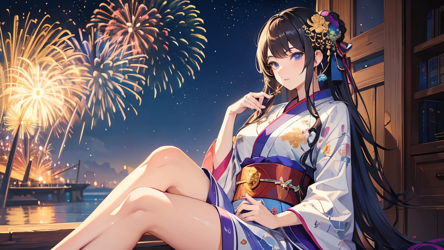 masterpiece,highest quality,(((Super Detailed Woman1))),Super detailed face,Super detailed eye,yukata,Sitting,day time,Fantasy,Calm,nebula,8k High resolution,(((firework))),vibrant colors