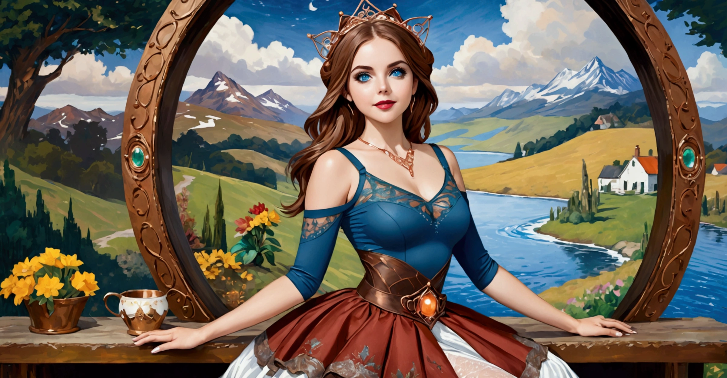 Steampunk Inspired Elven Princess. Copper Wire Necklaces & Bangles. Crown Of Fine Copper Wire. Copper Coloured Tatoos Cover Her Face And Body Intricate & Beautiful Designs. Hands On Hips. Ember Colored Eyes. Pure White Dress, Hemmed With Copper, Covered In Copper Lace & Filligree. Cppper Designs Cover The Skirt In A Kaleidoscope Of Copper Designs. Background Is Forrest. A Blend Of Ariel Winter & Alison Brie, Symmetrical Face Exudes Elegance &Grace. Cozy, Romantic Lighting. Cheerful Smile. Copper Hair That Shimmers And Sparkles In The Light. Hourglass Figure.
