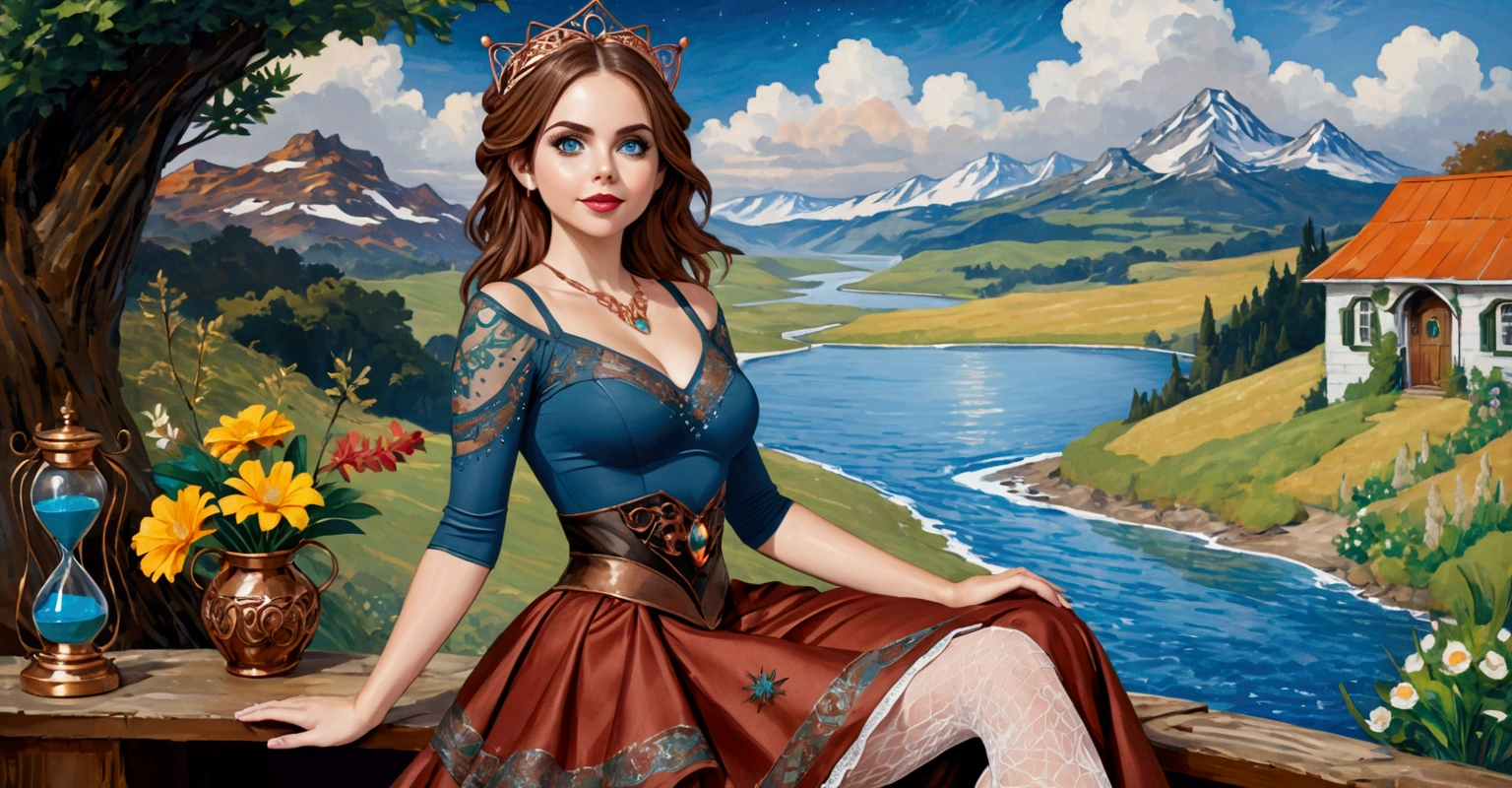 Steampunk Inspired Elven Princess. Copper Wire Necklaces & Bangles. Crown Of Fine Copper Wire. Copper Coloured Tatoos Cover Her Face And Body Intricate & Beautiful Designs. Hands On Hips. Ember Colored Eyes. Pure White Dress, Hemmed With Copper, Covered In Copper Lace & Filligree. Cppper Designs Cover The Skirt In A Kaleidoscope Of Copper Designs. Background Is Forrest. A Blend Of Ariel Winter & Alison Brie, Symmetrical Face Exudes Elegance &Grace. Cozy, Romantic Lighting. Cheerful Smile. Copper Hair That Shimmers And Sparkles In The Light. Hourglass Figure.