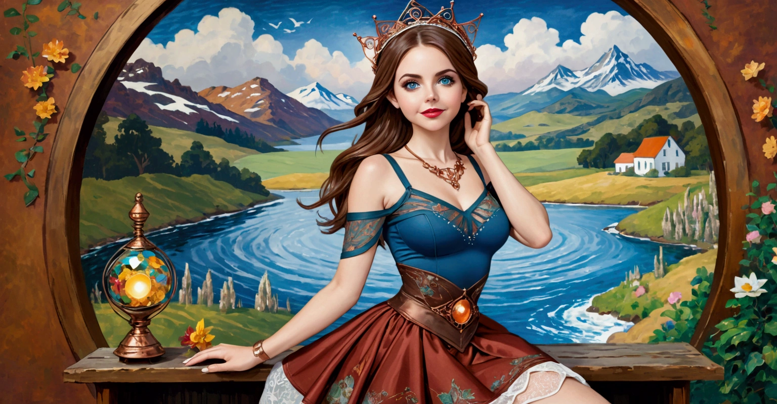 Steampunk Inspired Elven Princess. Copper Wire Necklaces & Bangles. Crown Of Fine Copper Wire. Copper Coloured Tatoos Cover Her Face And Body Intricate & Beautiful Designs. Hands On Hips. Ember Colored Eyes. Pure White Dress, Hemmed With Copper, Covered In Copper Lace & Filligree. Cppper Designs Cover The Skirt In A Kaleidoscope Of Copper Designs. Background Is Forrest. A Blend Of Ariel Winter & Alison Brie, Symmetrical Face Exudes Elegance &Grace. Cozy, Romantic Lighting. Cheerful Smile. Copper Hair That Shimmers And Sparkles In The Light. Hourglass Figure.