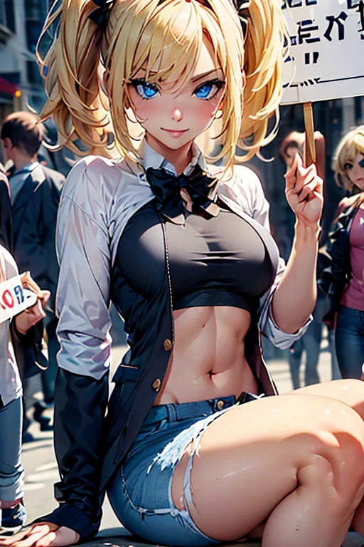 Create a beautiful blonde sexy girl with blue eyes, he must be wearing short jeans and no top, she must be holding a sign saying feminism and must be in the middle of an all-female protest