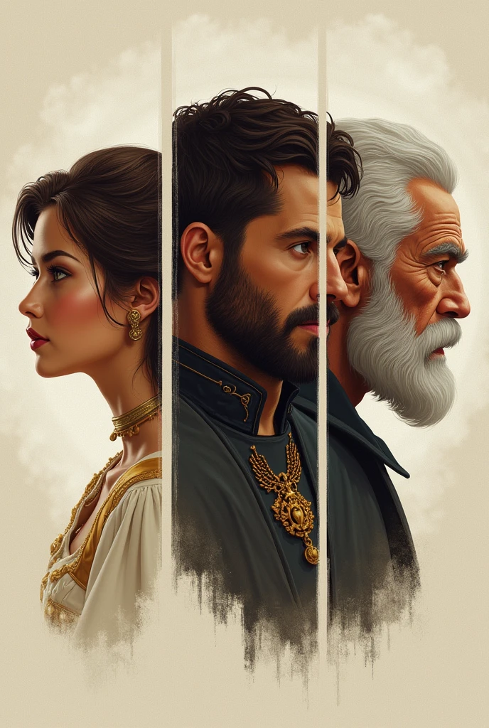 A set of three people in separate frames, all with profile pose, not realistic, a beautiful lady, a brave jack, A wise king 
