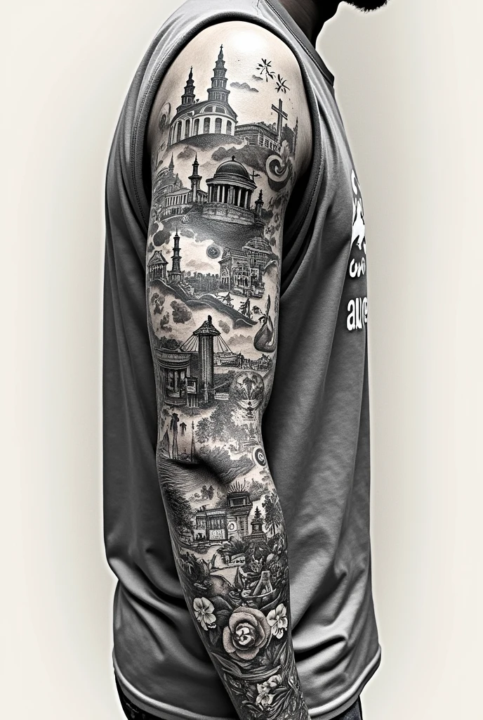 Create a tattoo on an arm sleeve showing the history and traditions of the country of Colombia, its people. like the Paisa culture, its gastronomy, its monuments, his art, his sculptures, their parties, costa, amazons, natural places in Colombia animals fauna flora black and white and gray