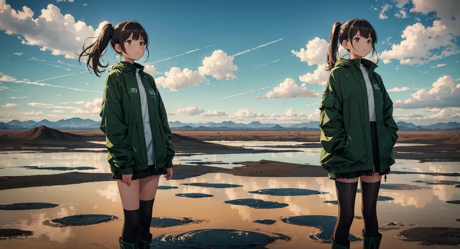 Brown side ponytail,Dark green windbreaker,boots,The background is just the endless sky and horizon.、The only decorations around her are glimmering particles and electronic ripples..Clothing design is simple and modern.In this empty landscape,Her presence is particularly conspicuous。.。