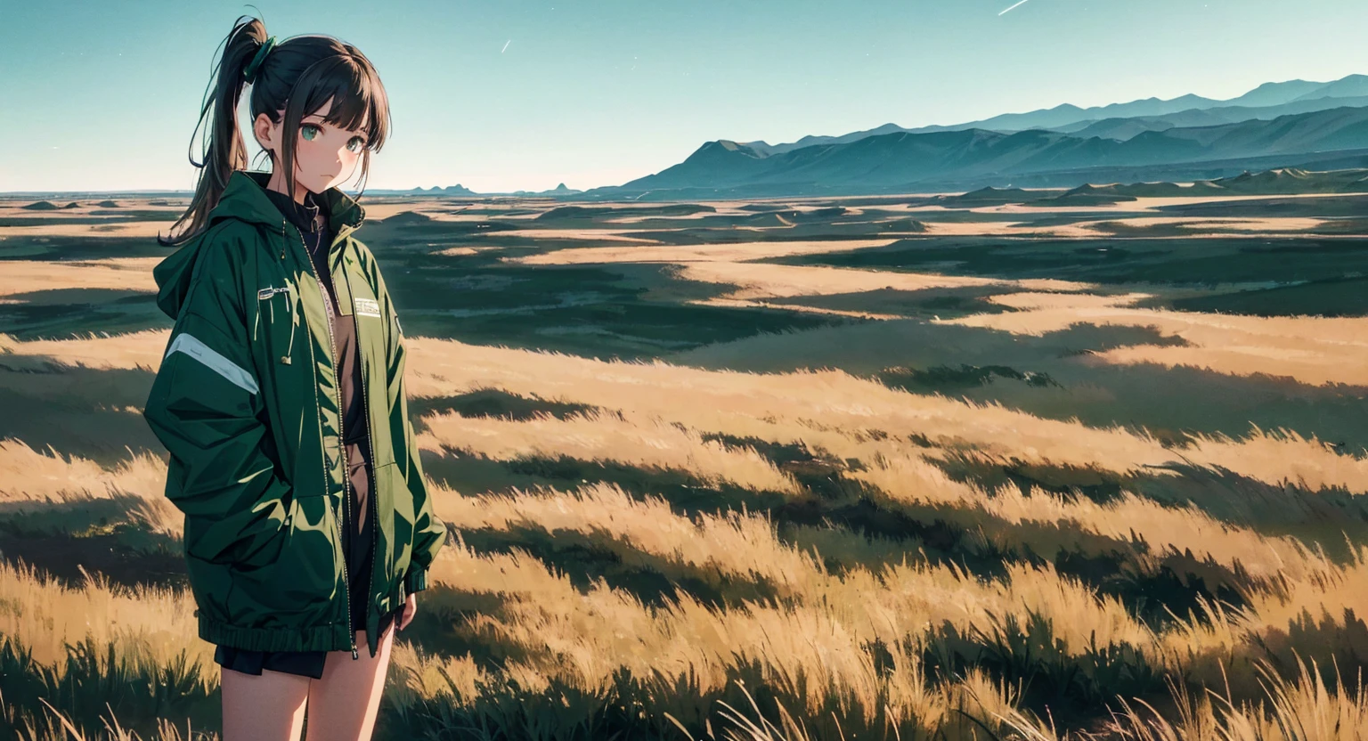 Brown side ponytail，Dark green windbreaker，boots，The background is just the endless sky and horizon.、The only decorations around her are glimmering particles and electronic ripples..Clothing design is simple and modern.In this empty landscape，Her presence is particularly conspicuous。.。