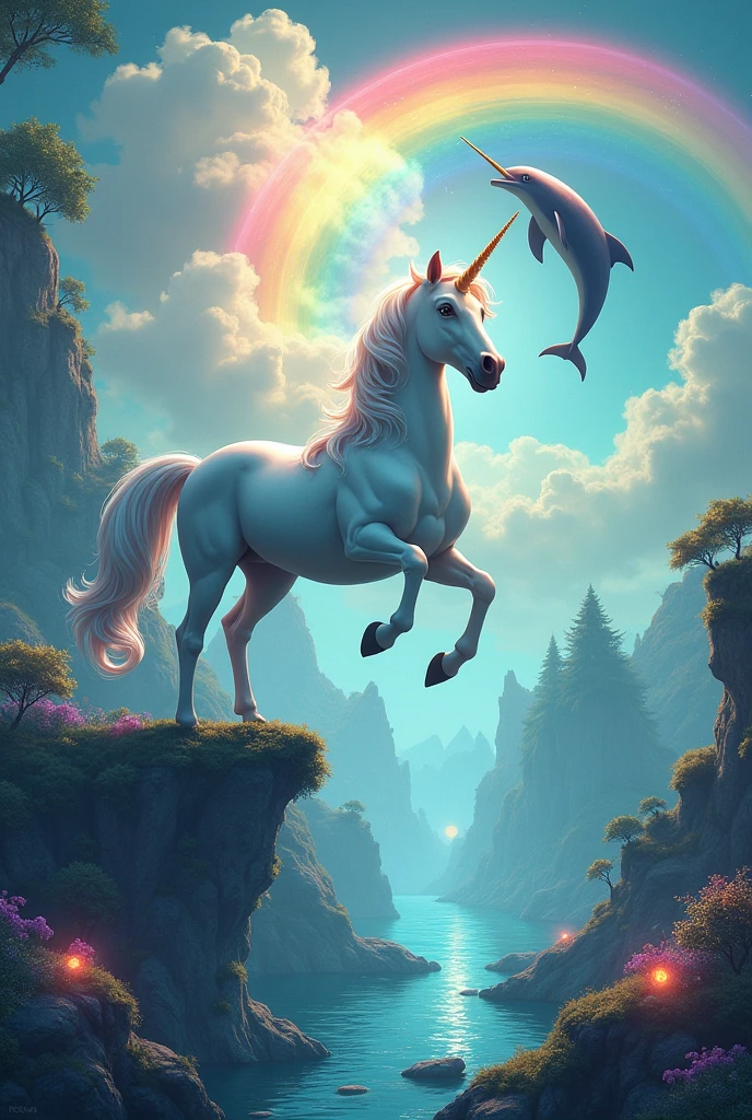 Unicorn with dolphin and colorful with a rainbow