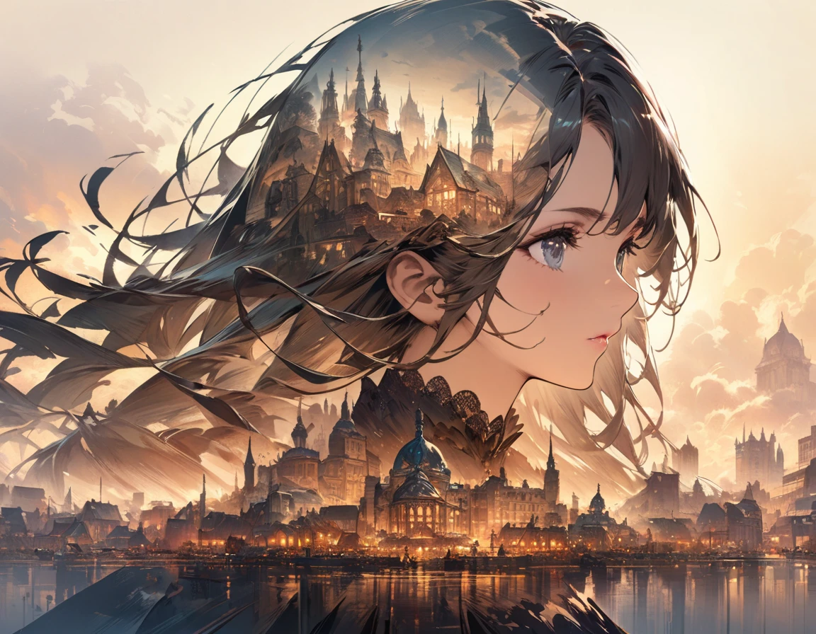 Double exposure of a beautiful and delicate lady(Clear and perfect face)image,A highly detailed Victorian city in the background,very suitable, fine, Complex illustrations, Artwork Concept Art Masterpiece, best quality, Very detailed, HD