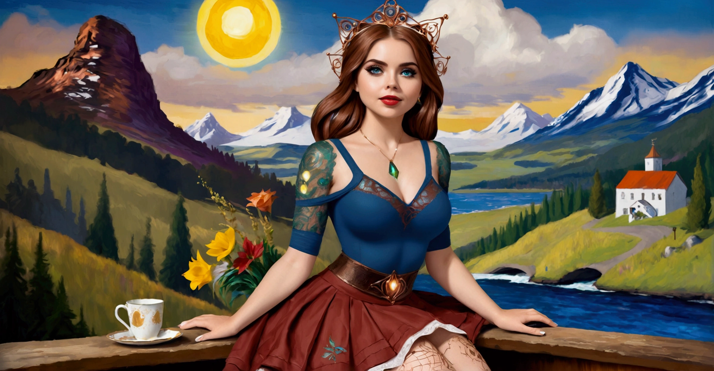Steampunk Inspired Elven Princess. Copper Wire Necklaces & Bangles. Crown Of Fine Copper Wire. Copper Coloured Tatoos Cover Her Face And Body Intricate & Beautiful Designs. Hands On Hips. Ember Colored Eyes. Pure White Dress, Hemmed With Copper, Covered In Copper Lace & Filligree. Cppper Designs Cover The Skirt In A Kaleidoscope Of Copper Designs. Background Is Forrest. A Blend Of Ariel Winter & Alison Brie, Symmetrical Face Exudes Elegance &Grace. Cozy, Romantic Lighting. Cheerful Smile. Copper Hair That Shimmers And Sparkles In The Light. Hourglass Figure.