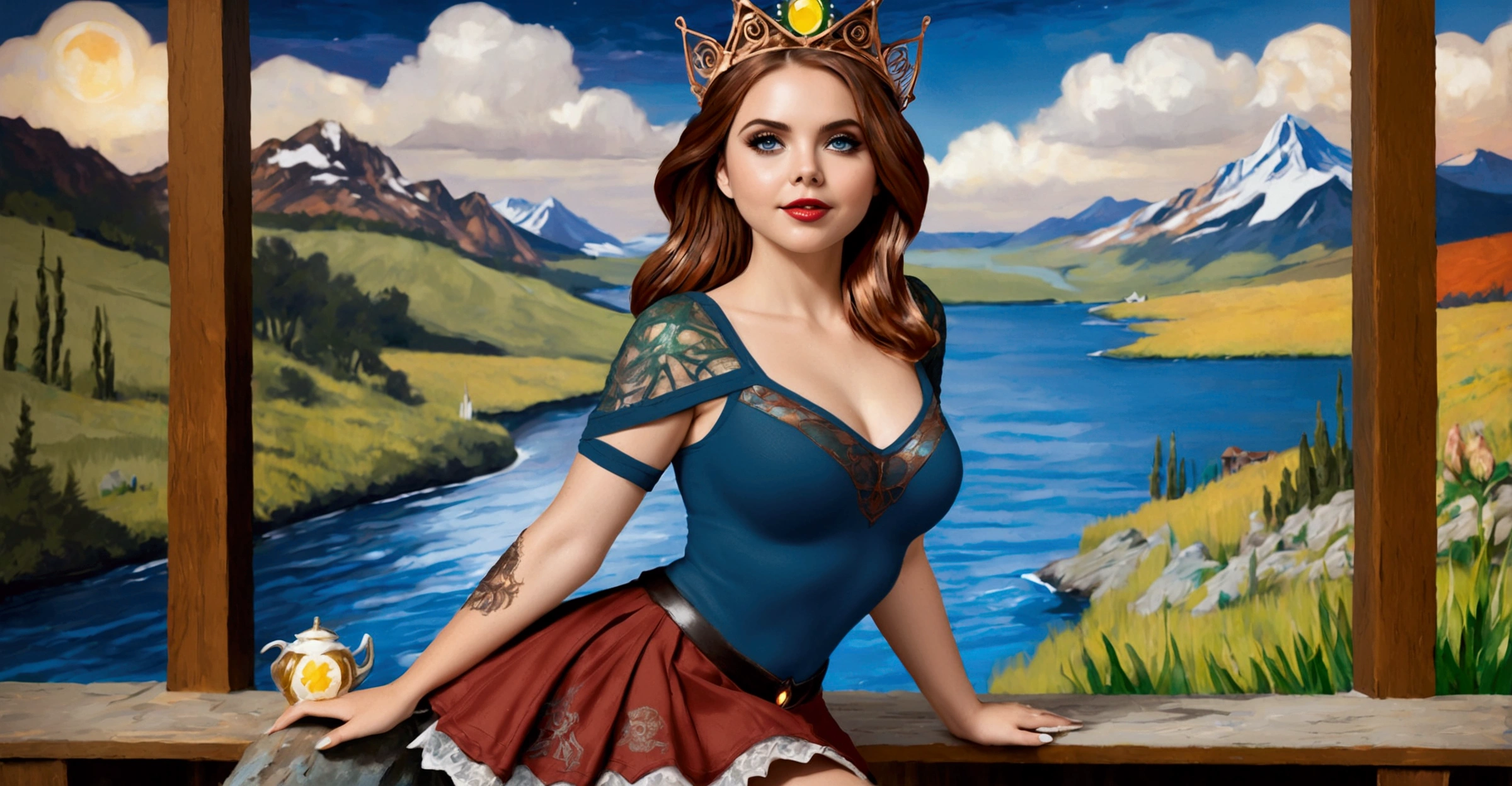 Steampunk Inspired Elven Princess. Copper Wire Necklaces & Bangles. Crown Of Fine Copper Wire. Copper Coloured Tatoos Cover Her Face And Body Intricate & Beautiful Designs. Hands On Hips. Ember Colored Eyes. Pure White Dress, Hemmed With Copper, Covered In Copper Lace & Filligree. Cppper Designs Cover The Skirt In A Kaleidoscope Of Copper Designs. Background Is Forrest. A Blend Of Ariel Winter & Alison Brie, Symmetrical Face Exudes Elegance &Grace. Cozy, Romantic Lighting. Cheerful Smile. Copper Hair That Shimmers And Sparkles In The Light. Hourglass Figure.