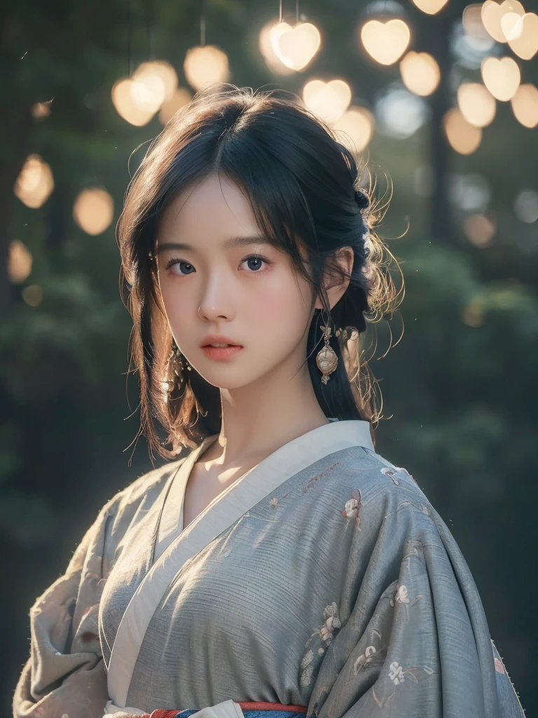 ((Highest quality, 8k, masterpiece: 1.3)), Sharp focus: 1.2, (Super beautiful face: 1.0), (Glowing Skin: 1.0), Realistic photos, Black Hair, Realistic students, Cinema Lighting, Highly detailed eyes and face, Cinema Lighting, (Cowboy Shot: 1.0), (kimono, In the same way, heart: 1.15), (Cute Korean Actresses), Originally, classic kimono,