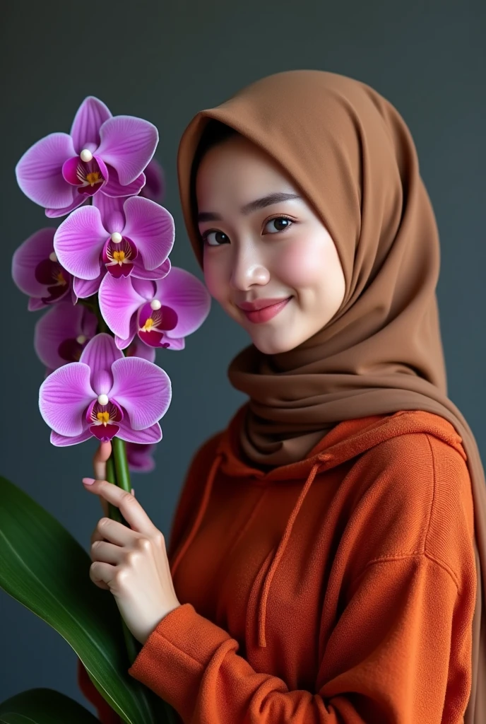 A beautiful Indonesian woman, smooth white skin, well-groomed face,wearing a brown hijab in a modern style,wearing a red orange knitted hoodie, smiled faintly,posing next to a purple orchid in full bloom. Latar belakang Ladang bunga anggrek banyak .Realistic original photo