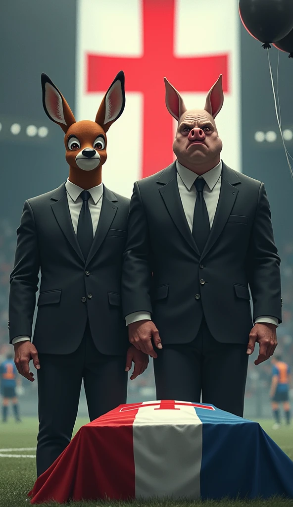 a muscular bambi, swollen chest, wearing a black suit, crying, sad expression, on the screen in the background a thick red Maltese cross, next to a muscular pig, swollen chest, black suit, inside a soccer stadium, both are sad seeing a coffin with a flag over it highlighted in the colors blue, white, red, black balloons flying in the wind