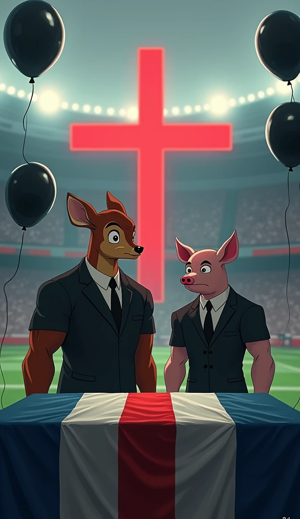 a muscular bambi, swollen chest, wearing a black suit, crying, sad expression, on the screen in the background a thick red Maltese cross, next to a muscular pig, swollen chest, black suit, inside a soccer stadium, both are sad seeing a coffin with a flag over it highlighted in the colors blue, white, red, black balloons flying in the wind
