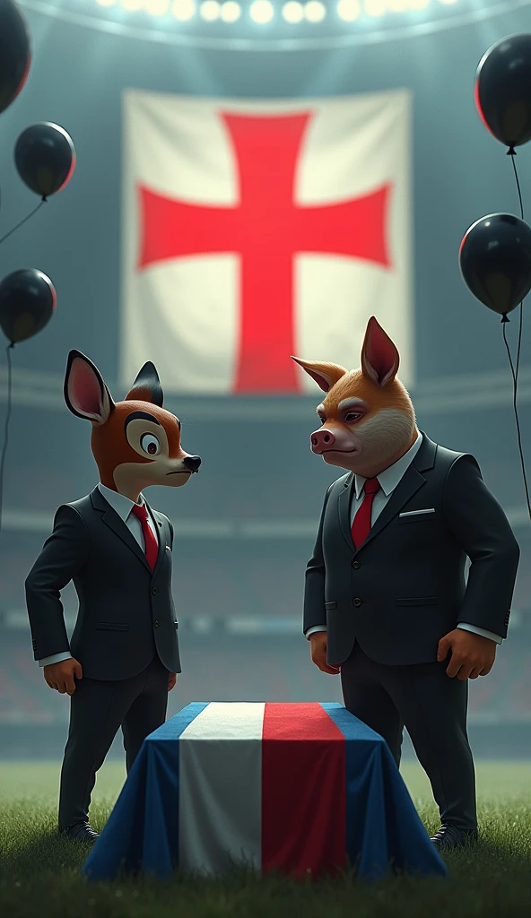 a muscular bambi, swollen chest, wearing a black suit, crying, sad expression, on the screen in the background a thick red Maltese cross, next to a muscular pig, swollen chest, black suit, inside a soccer stadium, both are sad seeing a coffin with a flag over it highlighted in the colors blue, white, red, black balloons flying in the wind