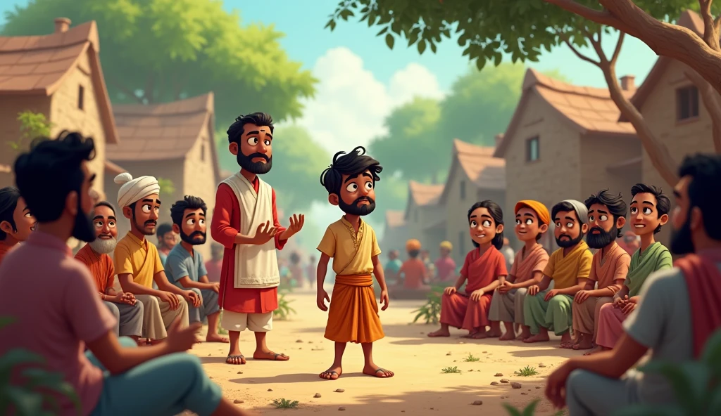 Create an cartoon image of a village sarpanch and village people there were panchayat meeting going on in village they all are talking to one poor farmer who is wearing very dirty cloth