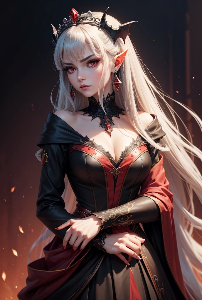 High Resolution, Long Hair, Simple background, Red Eyes, Pointy Ears,Best Quality, Masterpiece, Anatomically Correct, Super Detailed, Earrings, Red Eyes, Jewelry, Hair Ornament, Crown, Tiara, Illustration, Anime, Anime Style, Vampire, Elegant, Elegant clothing, Fancy clothes, Fancy, Royal, Royal clothes, Black clothes, Gothic clothes, crown, elegant hair, elegant makeup, Serious, hide hands, headshot