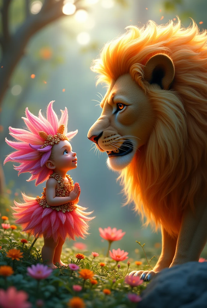 The magical flower shining with bright colors The magical flower talking to Leo the golden-maned lion 3D