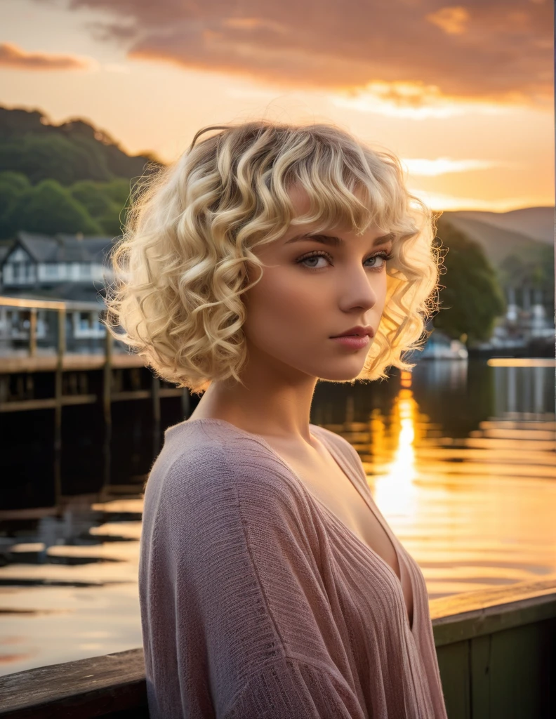 A strikingly beautiful young woman, exuding a radiant aura, gazes pensively out over Windermere's pier at sunset. The photo captures her platinum blonde curly bob hair, complete with bangs, framing her delicate features. This meticulously detailed photograph showcases the subject's alluring appearance and the serene natural setting. The high quality of the image truly brings out the vivid colors and textures, immersing viewers in the captivating scene.
