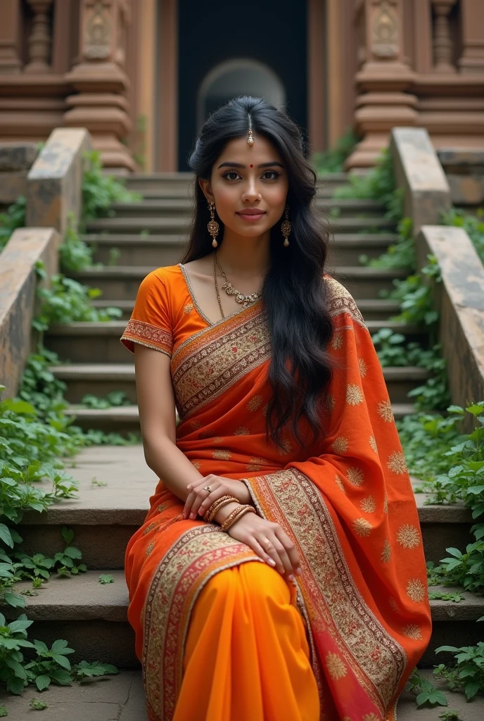 Beautiful Indian girl in saree looking stright infront sitting on temple ladder and in front of ladder
Realistic