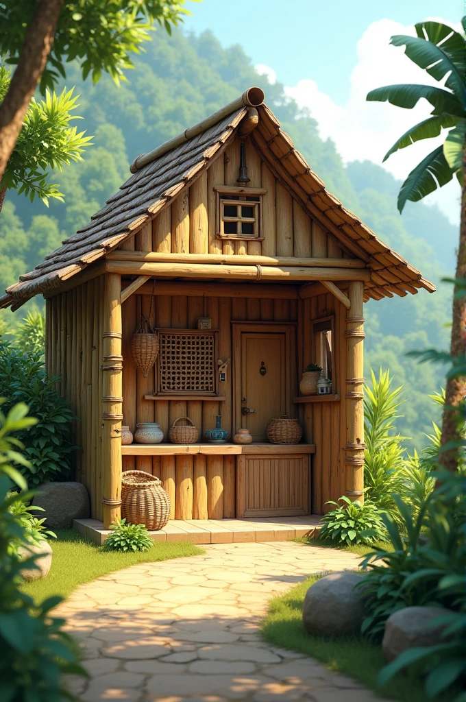 Plz generate 10 photo of a small shop which is made my bamboo including doors and window in small village